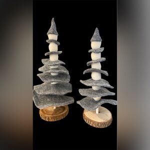 Two Gray and Cream Wool Felt Christmas Trees
